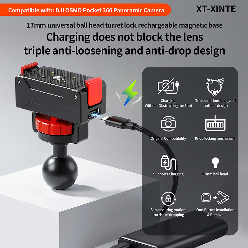 XT-XINTE Rechargeable Magnetic Quick-Release Base with Knob Lock & 17mm Universal Ball Head Expansion for DJI OSMO 360 Panoramic Camera
