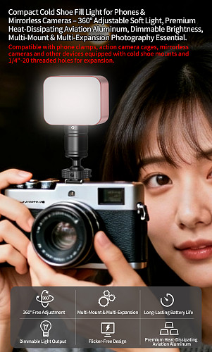 Aluminum Alloy Multifunctional Mini Fill Light with Cold Shoe Snail Mount Lighting Tool for Vlog Shooting for DSLR Action Cameras Live Streaming & Selfies