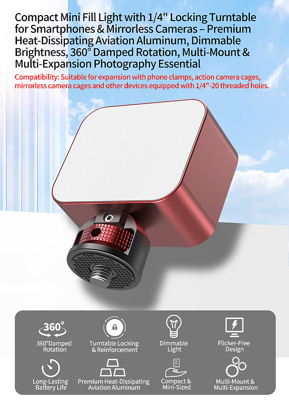 Aluminum Alloy Multifunctional Mini Fill Light with 1/4 Inch Screw Rod Lighting Tool for Vlog Shooting for DSLR Action Cameras Live Streaming & Selfies