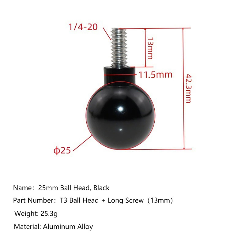 T3 Series 25mm Aluminum Ball Head with Stainless Steel Thread Adapter (Choose: Short Thread, Long Thread, or Long Thread+33mm Nut Kit) for Camera Mount