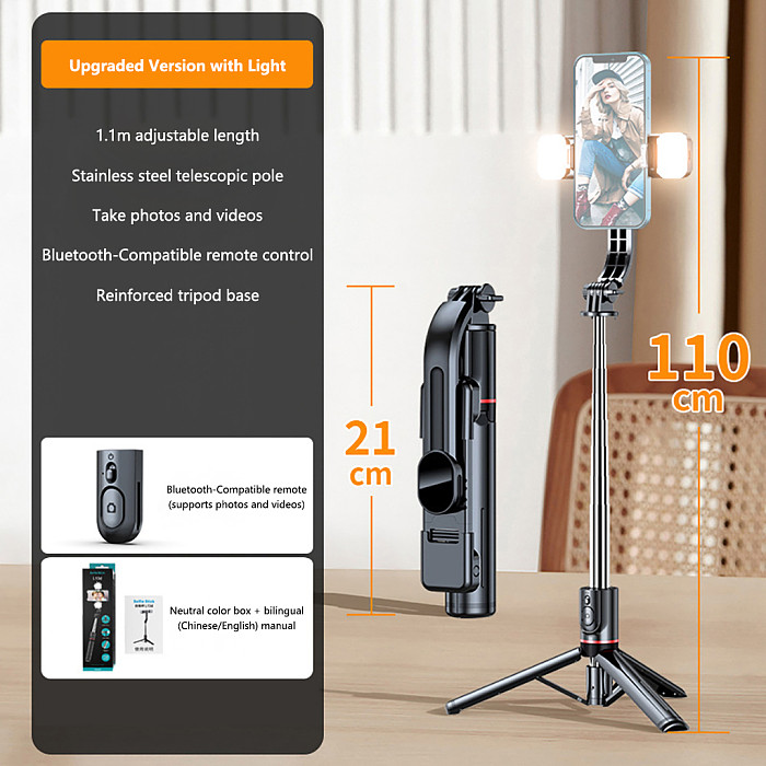 Selfie Stick Wireless Tripod Stand Bluetooth-compatible Remote Extendable Tripod for iPhone Mobile Phone Tiktok Live Streaming