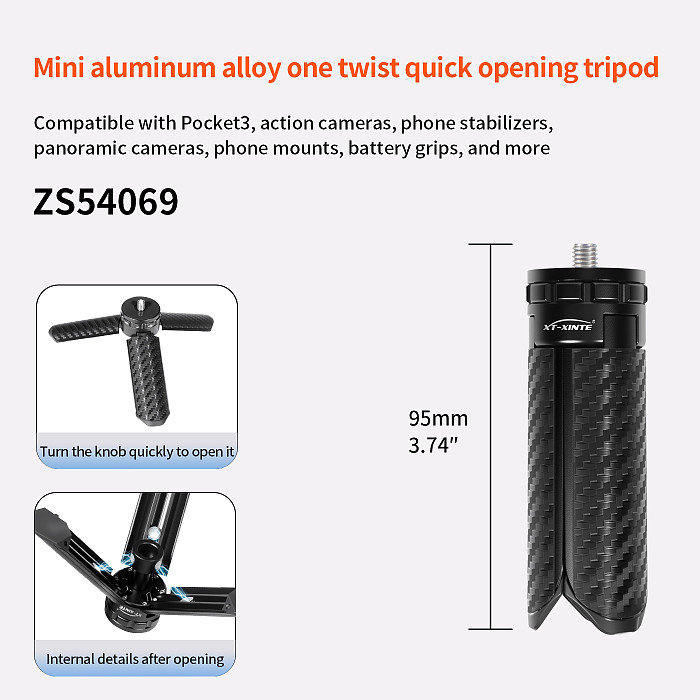 XT-XINTE 360° Ball Head One Click Quick Open Cold Shoe Magnetic Tripod with 1/4 Screw for GoPro Insta360 POCKET4 DSLR LED Phone Multi Expansion