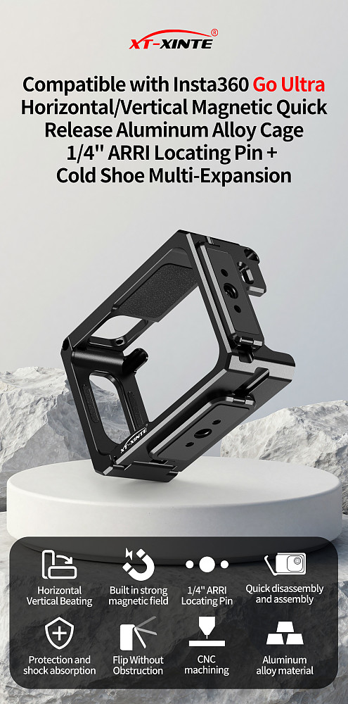 XT-XINTE Lightweight 78g Aluminum Camera Cage for Insta360 Go Ultra Quick Mount Protection Anti Fall Multi Expansion Action Photography