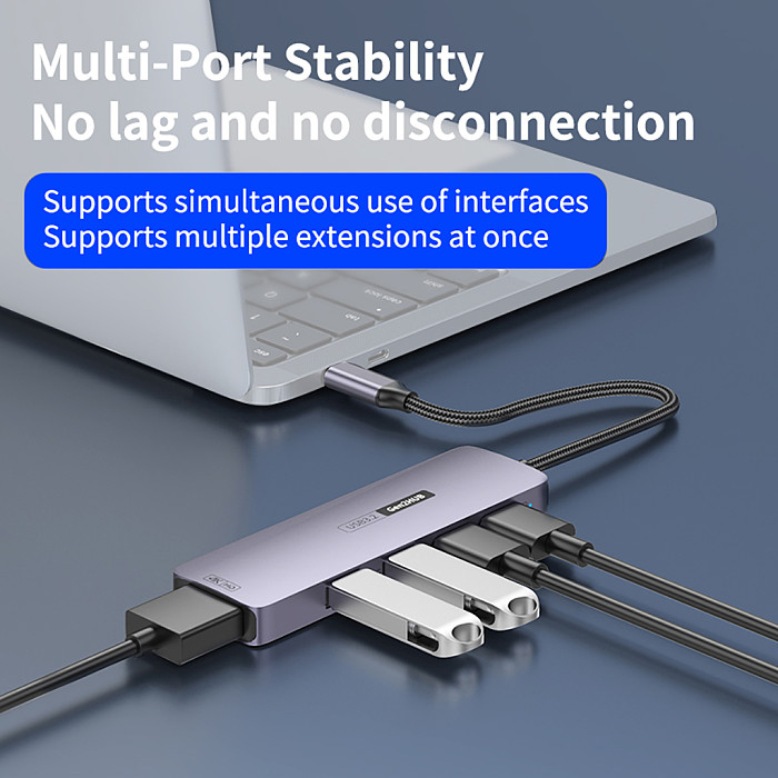 Docking Station Type-C 10Gbps to 4C1A PD Charging Hub USB 3.2 Extension Dock 4K@60Hz 5-in-1 PD140W / 10Gbps
