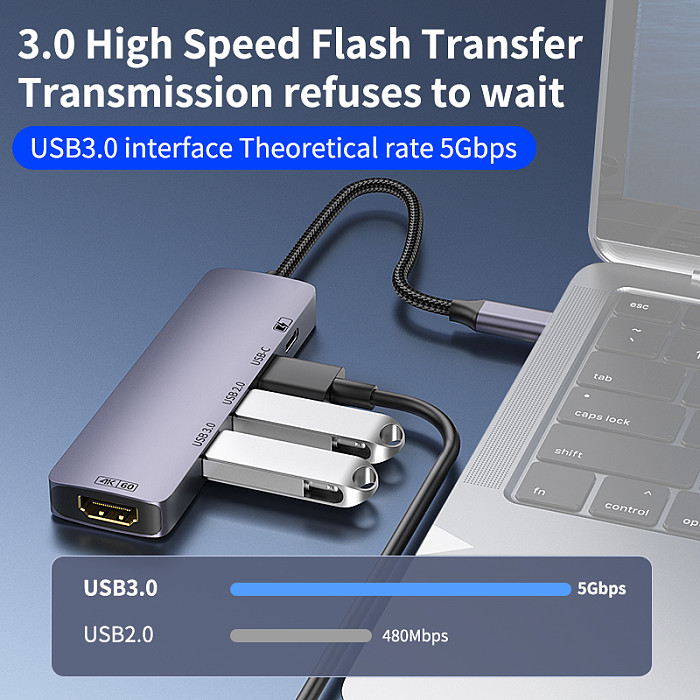 Type-C 5 in 1 Docking Station HDMI 4K@60Hz USB 3.0 Hub Multi-Port Splitter Adapter for Laptop