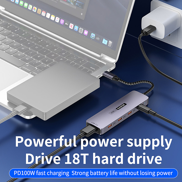 Type-C 10Gbps to PD Charging Hub USB 3.2 Extension Dock 5-Port Hub for Laptop, Tablet & Mobile Phone USB 3.2 Hub Docking Station, 4C1A with PD 100W / 10Gbps