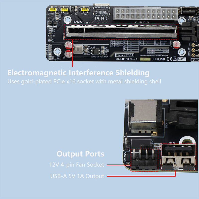 F2D Motherboard OCuLink Graphics Dock Development Board 64G SFF8612 to PCIE External Expansion Board 8611 Adapter Board