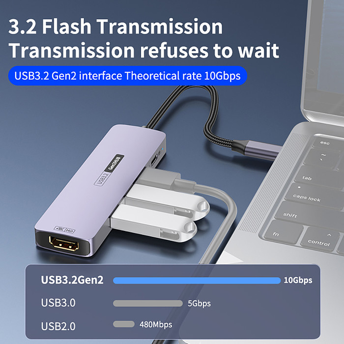 Docking Station Type-C 10Gbps to 4C1A PD Charging Hub USB 3.2 Extension Dock 4K@60Hz 5-in-1 PD140W / 10Gbps