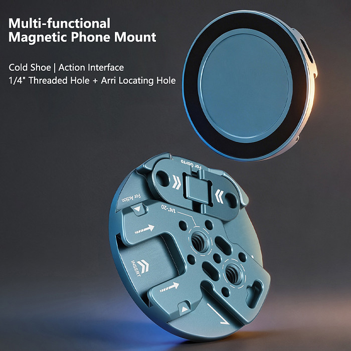 Magnetic Phone Stand Expansion Mount with Action Camera Interface & Cold Shoe Base for MagSafe Mobile Phone Sports Camera