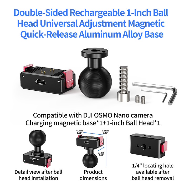 XT-XINTE Dual Magnetic Rechargeable Quick Release Base for DJI Osmo Nano Action Camera Extension Mount for Selfie Stick Tripod Cycling Accessories