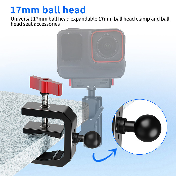 XT-XINTE Aluminum Alloy C-Clamp with 17mm Ball Head Magic Arm Extension Mount Clamp Compatible with GoPro DJI Insta360 Action Camera