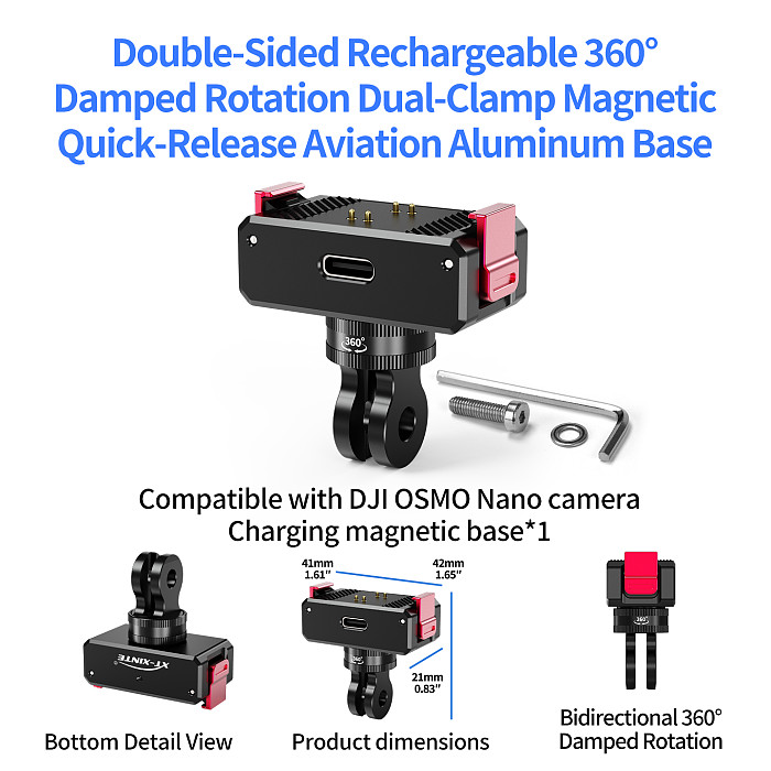 XT-XINTE Dual Magnetic Rechargeable Quick Release Base for DJI Osmo Nano Action Camera Extension Mount for Selfie Stick Tripod Cycling Accessories