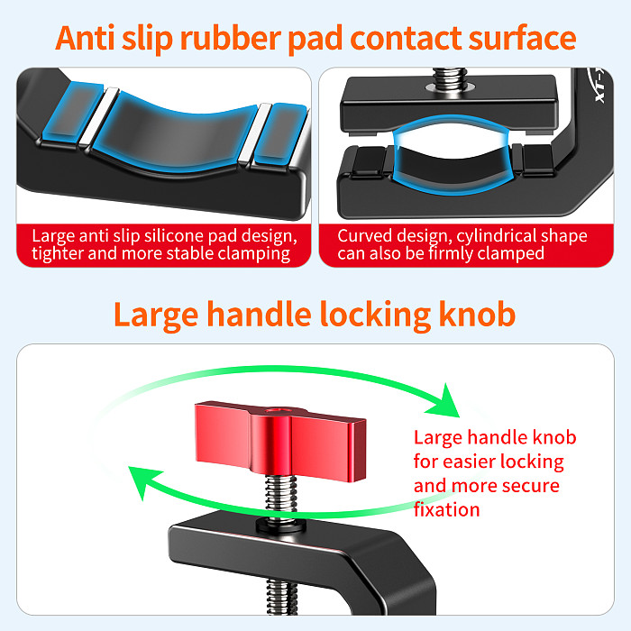 XT-XINTE C-Clamp with 360° Damping 3-Slot Adapter U-Shaped Photography Mount Magic Arm Extension Accessory for Action Camera Mounting & Expansion
