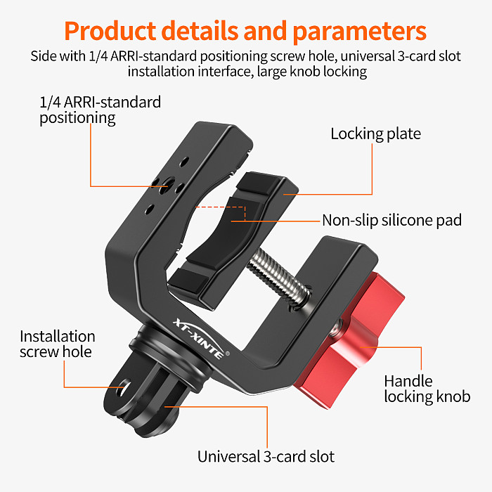 XT-XINTE C-Clamp with 360° Damping 3-Slot Adapter U-Shaped Photography Mount Magic Arm Extension Accessory for Action Camera Mounting & Expansion