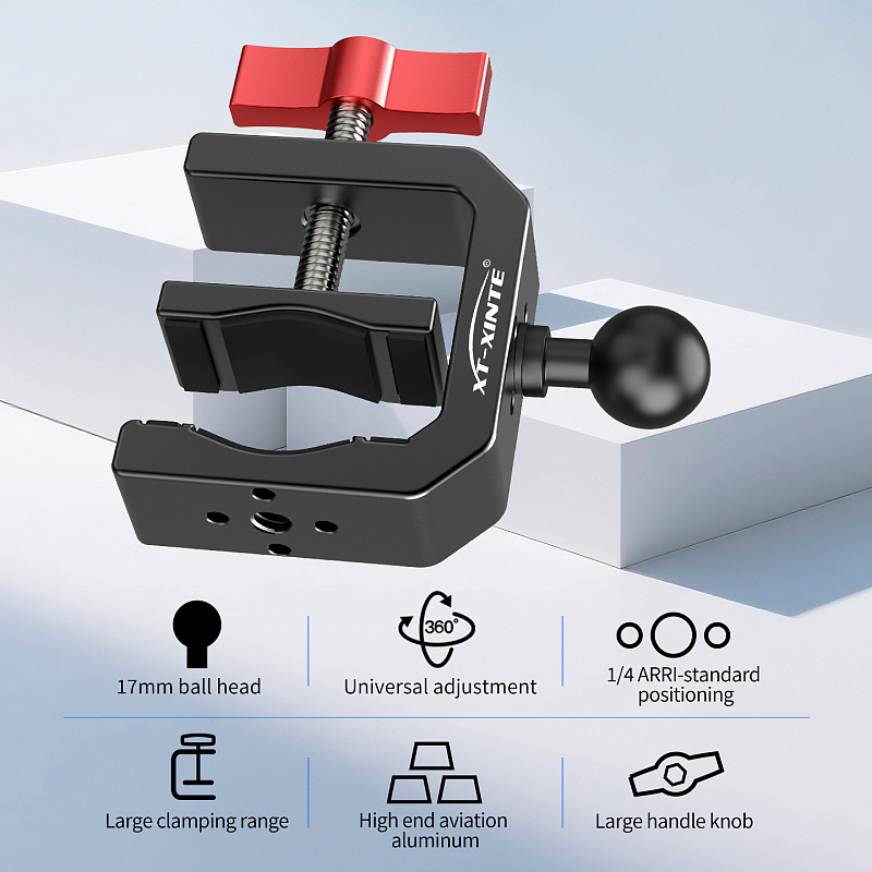 XT-XINTE Aluminum Alloy C-Clamp with 17mm Ball Head Magic Arm Extension Mount Clamp Compatible with GoPro DJI Insta360 Action Camera