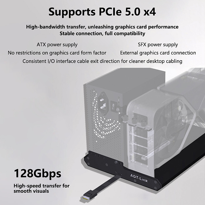 ADT-Link OCuLink External GPU Dock Graphics Card Dock Open Full Aluminum Alloy Chassis PCIe 5.0 x4 128Gbps eGPU Dock K993H-BK10 50cm