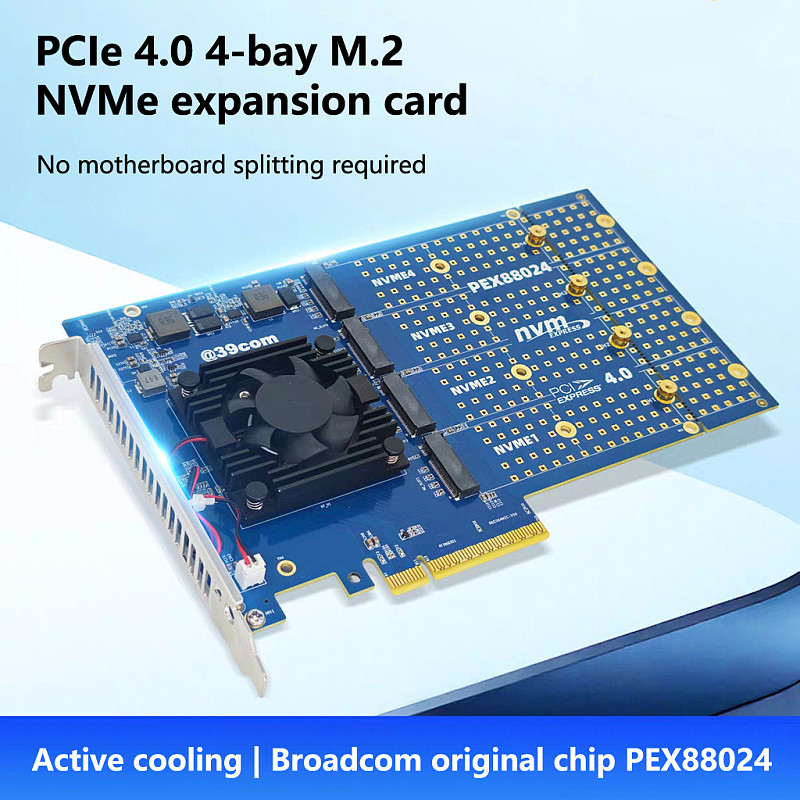 PCIe 4.0 4-Bay M.2 NVMe Expansion Card PEX88024 Controller Support M.2 NVMe 22110/2280/2242 Driver-free for Win/Linux/Mac