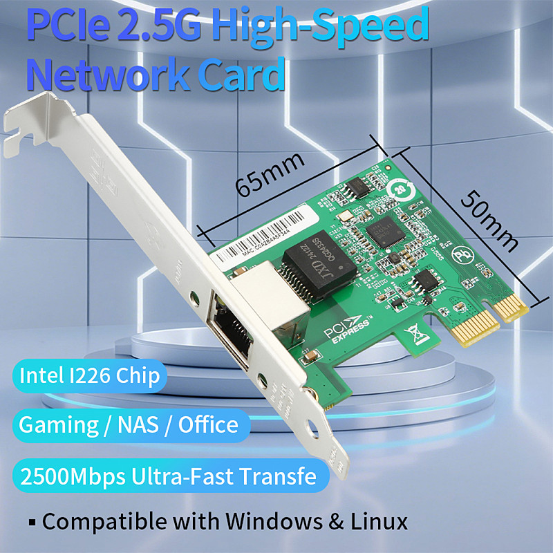 PCIe x1 2.5G High-Speed Network Card with I226 Chip for Gaming / NAS / Server Supports ESXi8 Low Latency