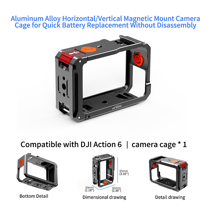 XT-XINTE Aluminum Alloy Magnetic Rabbit Cage Protective Frame with 1-inch Ball Head Quick Release Base for DJI Action 6 Action Camera Horizontal and Vertical Shooting