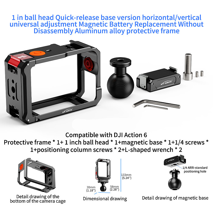 XT-XINTE Aluminum Alloy Magnetic Rabbit Cage Protective Frame with 1-inch Ball Head Quick Release Base for DJI Action 6 Action Camera Horizontal and Vertical Shooting