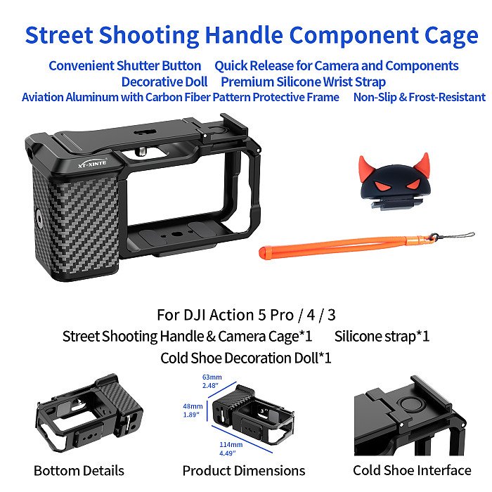 XT-XINTE Action Camera Street Shooting Handle Shutter Grip Compatible with DJI Action 5 Pro/4/3 Protective Cage