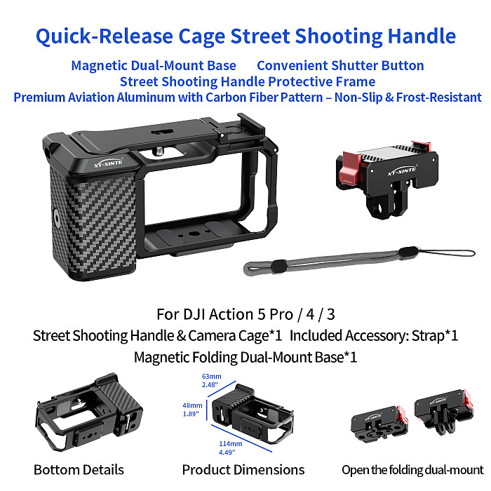 XT-XINTE Action Camera Street Shooting Handle Shutter Grip Compatible with DJI Action 5 Pro/4/3 Protective Cage