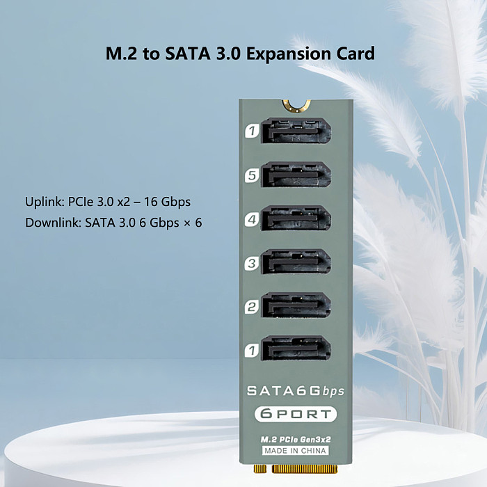 M.2 M-KEY PCI-E 3.0 to SATA 3.0 6Gbps 6-Port NAS Expansion Card Aluminum Alloy Case with ASM1166 Chip PCIe Gen3x2 Adapter Card