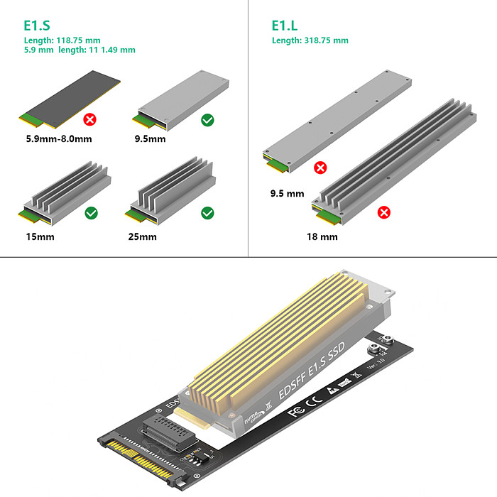 U.2 SFF-8639 to NVMe Ruler 1U GEN-Z EDSFF Short SSD E1.S Carrier Adapter for 9.5mm/15mm/25mm E1.s DC P4511 Series EDSFF NVMe SSD