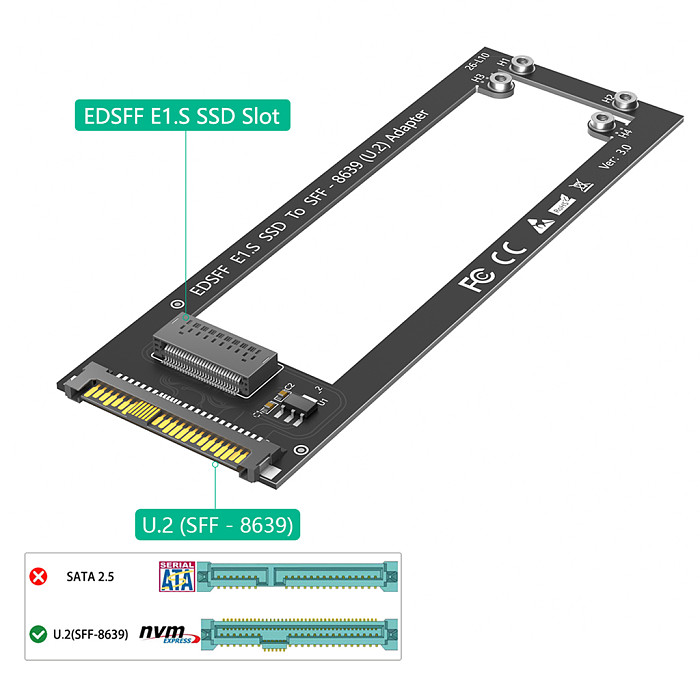 U.2 SFF-8639 to NVMe Ruler 1U GEN-Z EDSFF Short SSD E1.S Carrier Adapter for 9.5mm/15mm/25mm E1.s DC P4511 Series EDSFF NVMe SSD