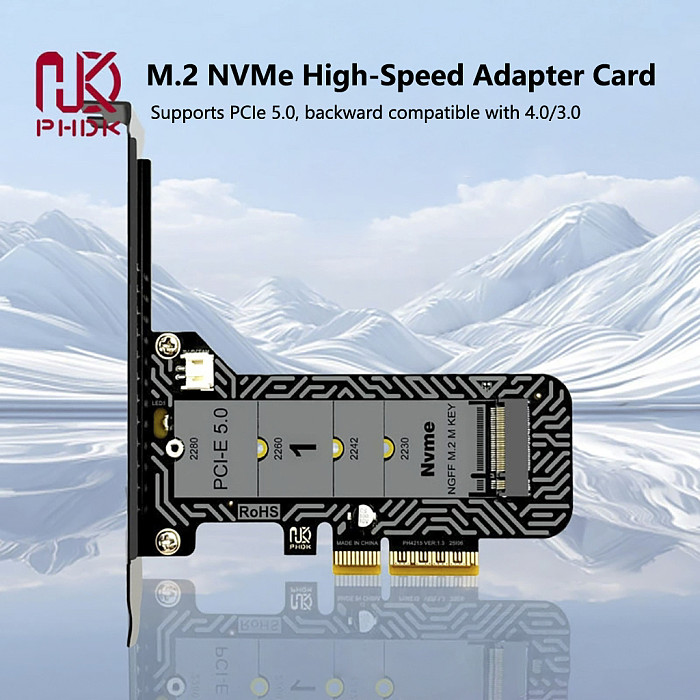 Full Speed PCIe 5.0 x4 to M.2 NVMe Adapter Card with LED Indicator Support 2230/2242/2260/2280 M-Key SSD PCI-E5.0 Expansion Card