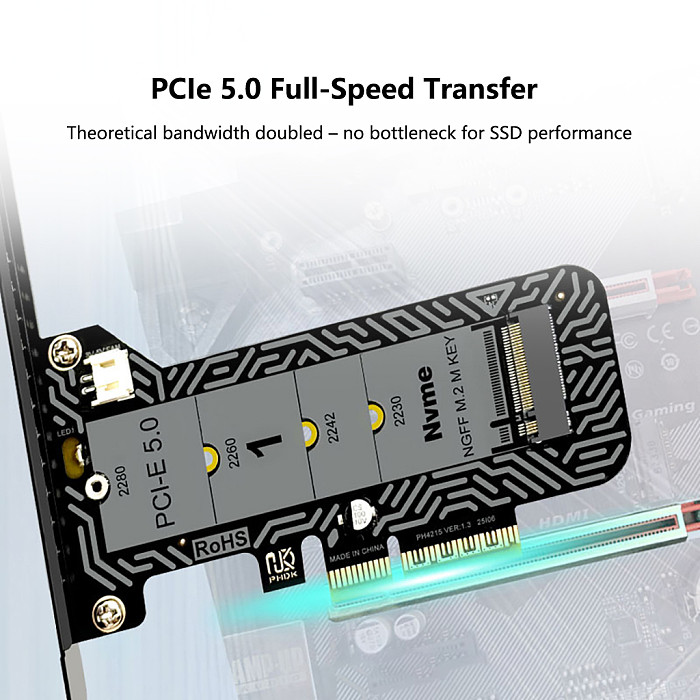 Full Speed PCIe 5.0 x4 to M.2 NVMe Adapter Card with LED Indicator Support 2230/2242/2260/2280 M-Key SSD PCI-E5.0 Expansion Card