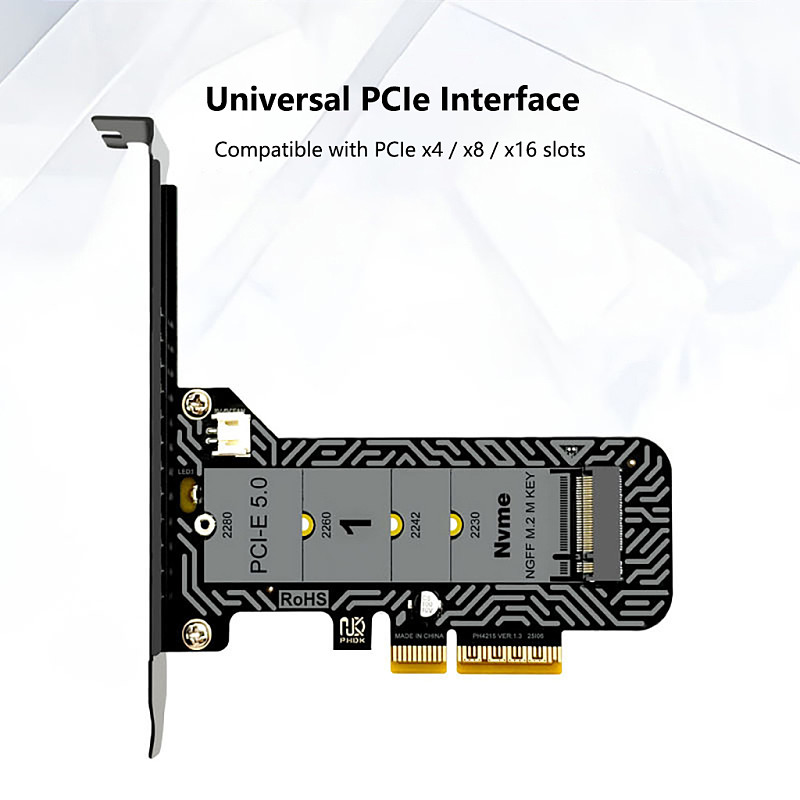 Full Speed PCIe 5.0 x4 to M.2 NVMe Adapter Card with LED Indicator Support 2230/2242/2260/2280 M-Key SSD PCI-E5.0 Expansion Card