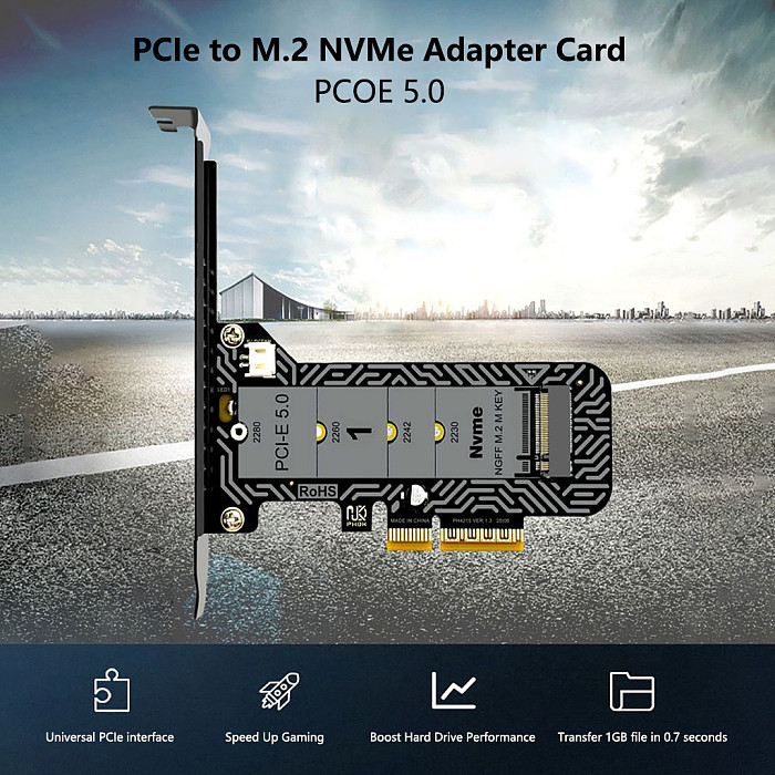 Full Speed PCIe 5.0 x4 to M.2 NVMe Adapter Card with LED Indicator Support 2230/2242/2260/2280 M-Key SSD PCI-E5.0 Expansion Card