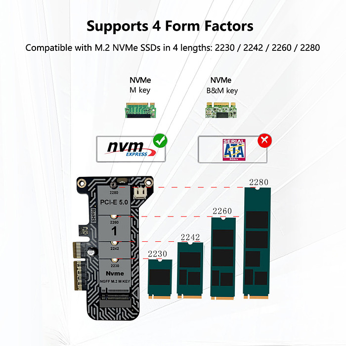 Full Speed PCIe 5.0 x4 to M.2 NVMe Adapter Card with LED Indicator Support 2230/2242/2260/2280 M-Key SSD PCI-E5.0 Expansion Card