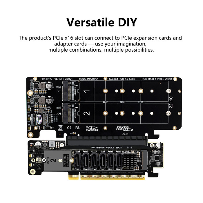 PCIe 5.0 8+4+4 Lane Splitter Expansion Card, Quad M.2 NVMe VROC Hyper Ultra Adapter