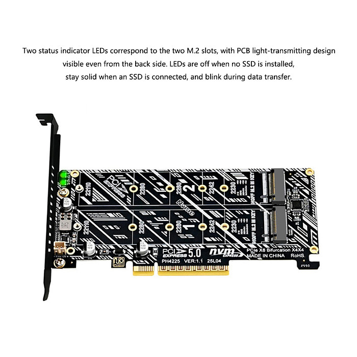 PCIe x8 PCIe 5.0 Dual-Bay NVMe M.2 M-Key RAID Array Expansion Card, Motherboard PCIe Splitter Card