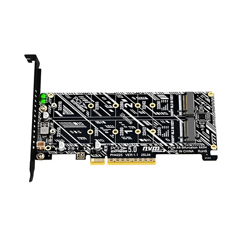 PCIe x8 PCIe 5.0 Dual-Bay NVMe M.2 M-Key RAID Array Expansion Card, Motherboard PCIe Splitter Card