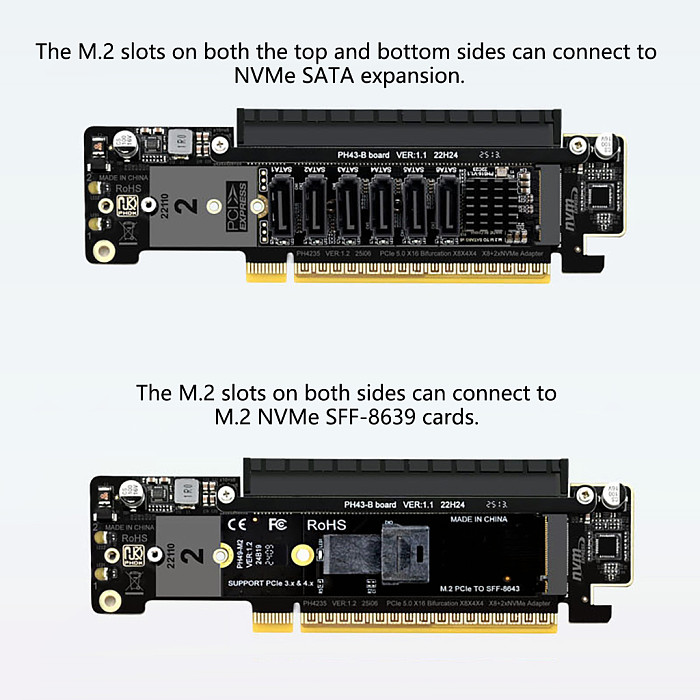 PCIe 5.0 8+4+4 Lane Splitter Expansion Card, Quad M.2 NVMe VROC Hyper Ultra Adapter