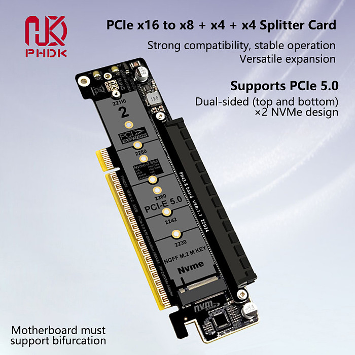 PCIe 5.0 8+4+4 Lane Splitter Expansion Card, Quad M.2 NVMe VROC Hyper Ultra Adapter