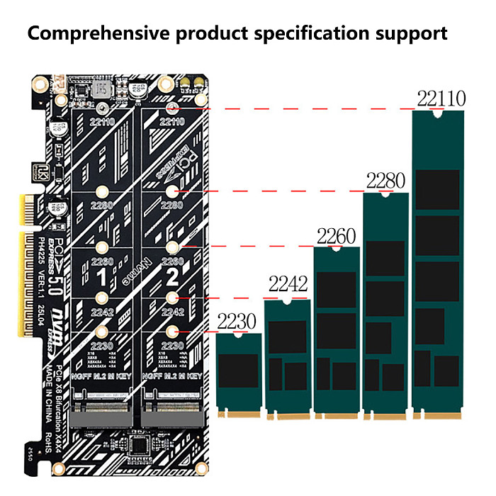 PCIe x8 PCIe 5.0 Dual-Bay NVMe M.2 M-Key RAID Array Expansion Card, Motherboard PCIe Splitter Card