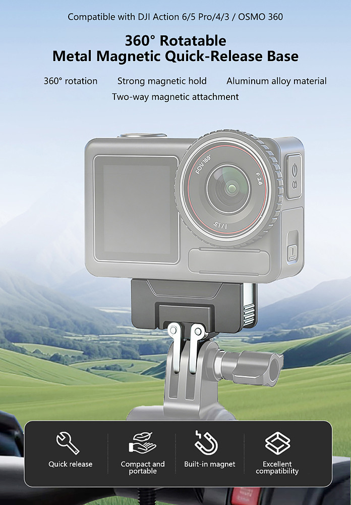 360° Rotable Magnetic Quick-Release Adapter Base Tripod Mount For DJI Action 6 / 5 Pro / 4 / 3 Action Camera