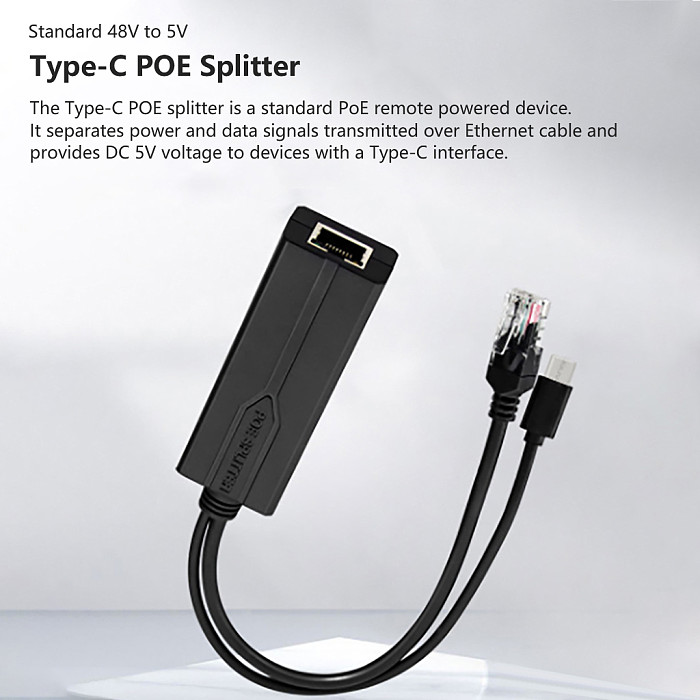 Gigabit Type-C PoE Splitter 48V to 5V USB Power Supply Module 100Mbps 5V 2.4A