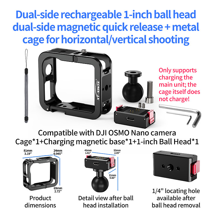 XT-XINTE Metal Cage with Detachable 1  Ball Head Magnetic Charging Quick Release Mount for DJI OSMO Nano Camera