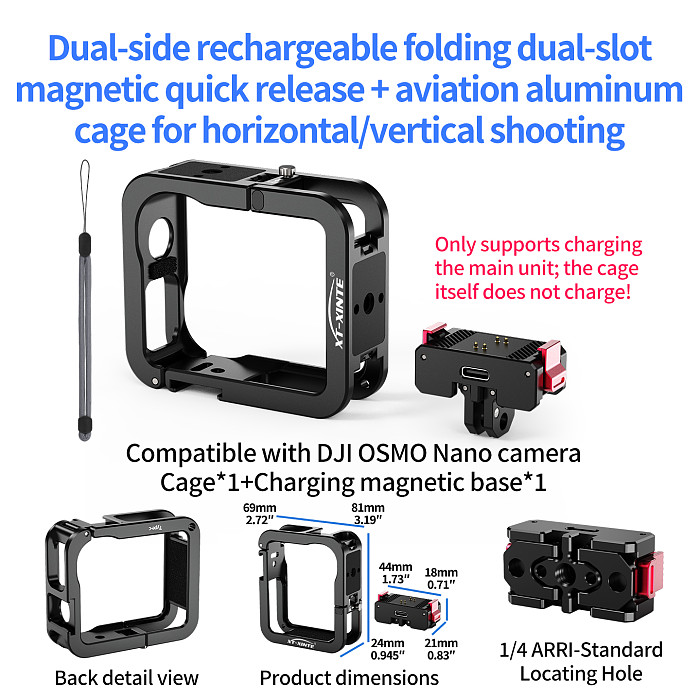 XT-XINTE Metal Cage with Detachable 1  Ball Head Magnetic Charging Quick Release Mount for DJI OSMO Nano Camera