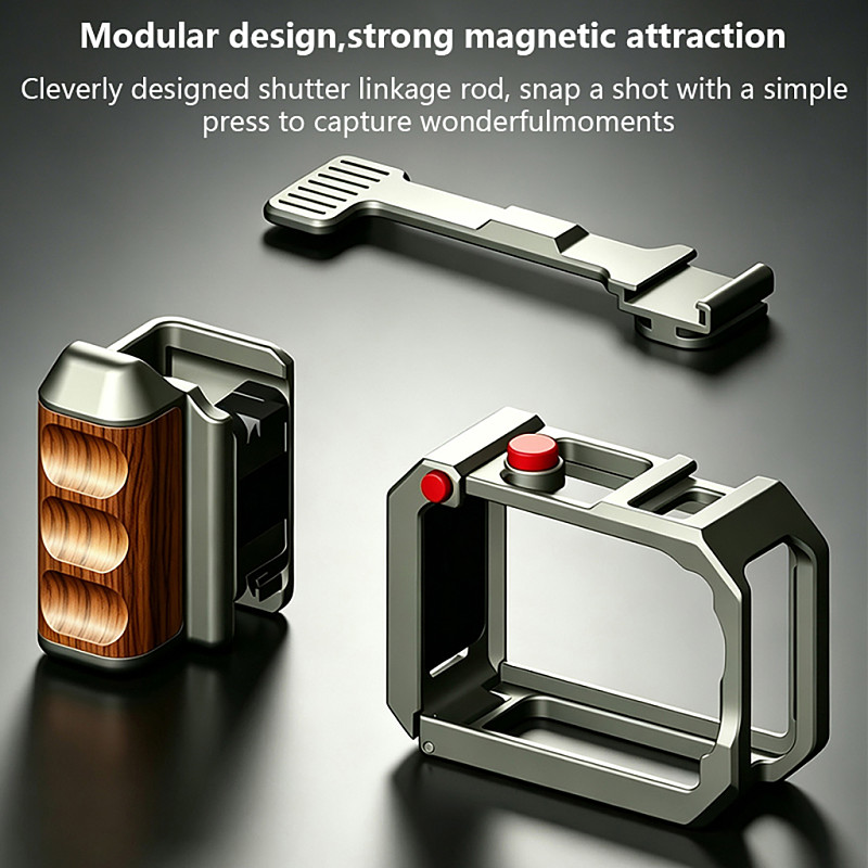 Metal Magnetic Cage & Wooden Handheld Grip Kit for DJI Action 6 Street Photography 