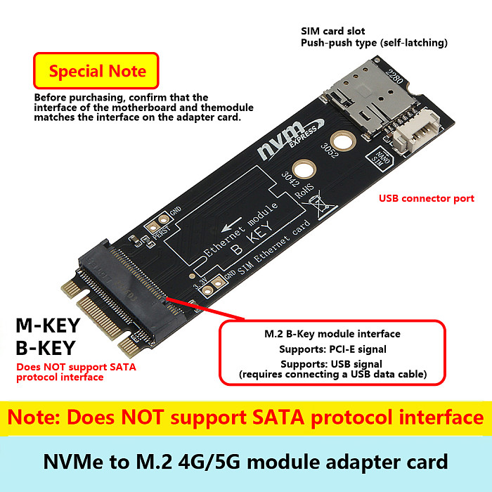 M.2 B-Key 4G 5G Network Card Module to M.2 M-Key NVME / B-Key Adapter Card with SIM Card Slot