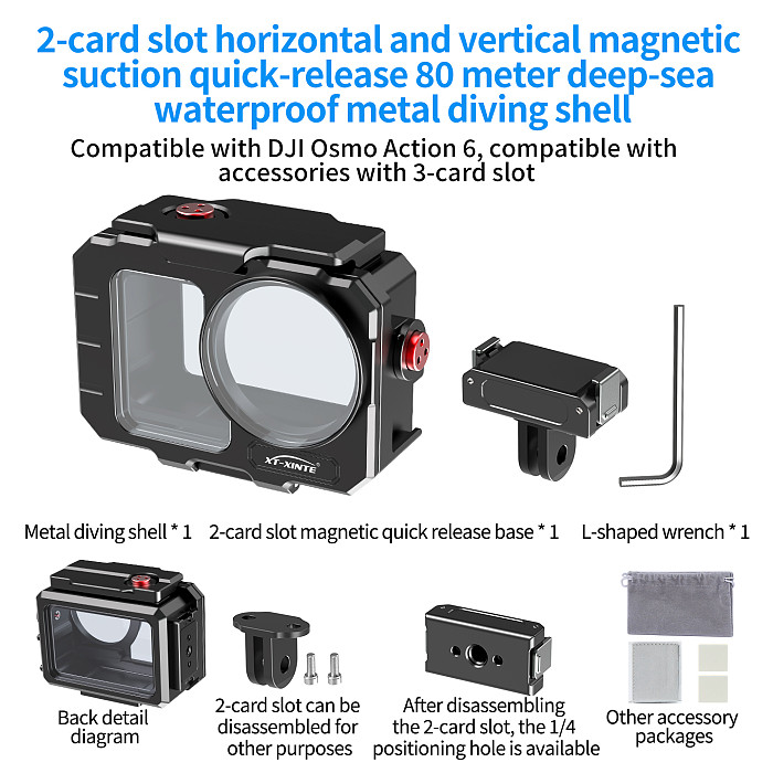 XT-XINTE High Transmittance Tempered Glass Dive Waterproof Protective Case 80m Deep Sea Diving Case for DJI Osmo Action 6 Action Camera