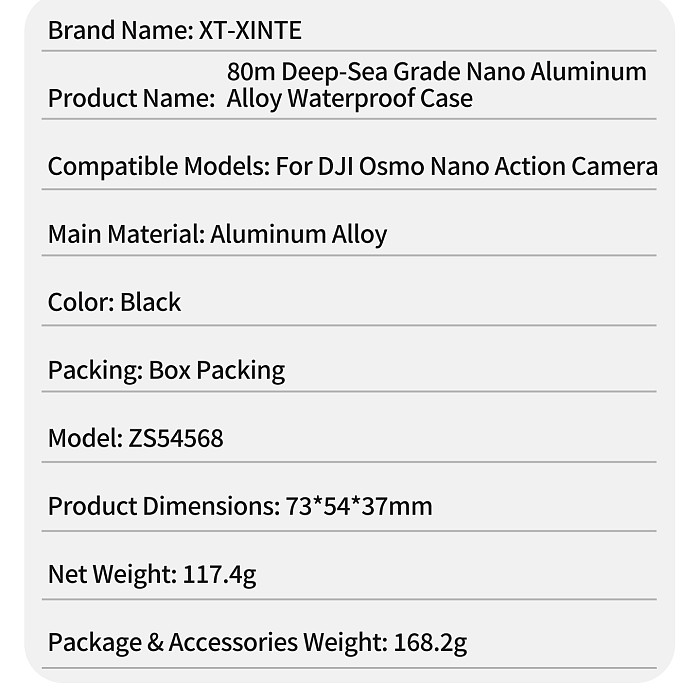 XT-XINTE 80M Waterproof Housing for DJI Osmo Nano Aluminum Alloy Diving Protective Case Vertical & Horizontal Quick Release Shell
