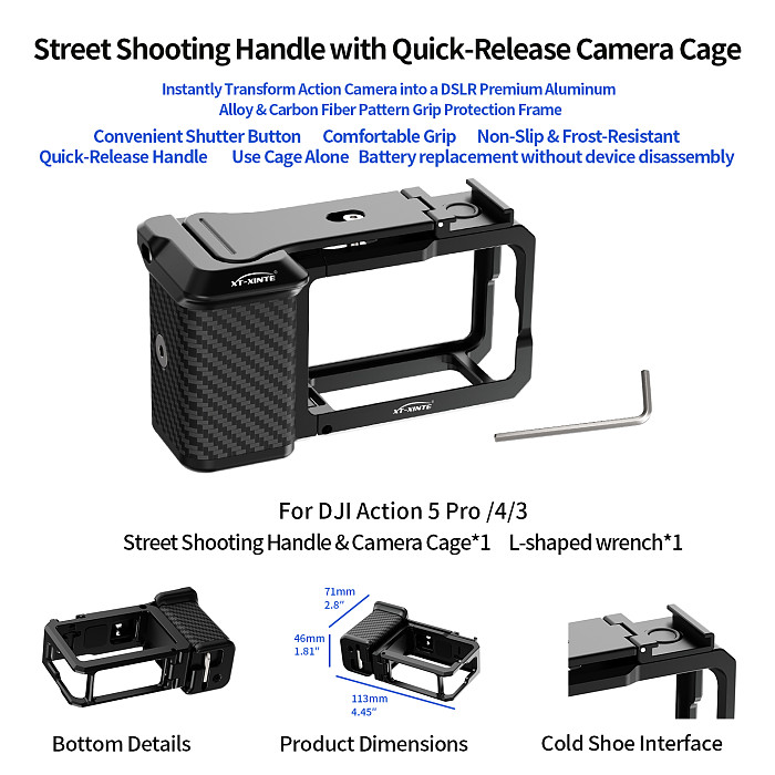 XT-XINTE Magnetic Quick Mount Street Shooting Handle Rabbit Cage Set, Aluminum Alloy Protective Frame Compatible with DJI Osmo Action 5 Pro/4/3 Action Camera