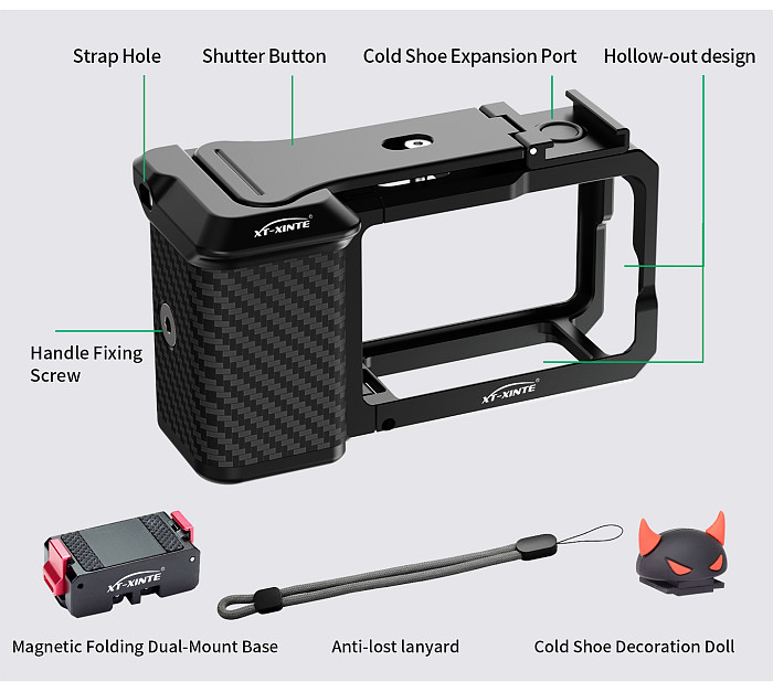 XT-XINTE Magnetic Quick Mount Street Shooting Handle Rabbit Cage Set, Aluminum Alloy Protective Frame Compatible with DJI Osmo Action 5 Pro/4/3 Action Camera